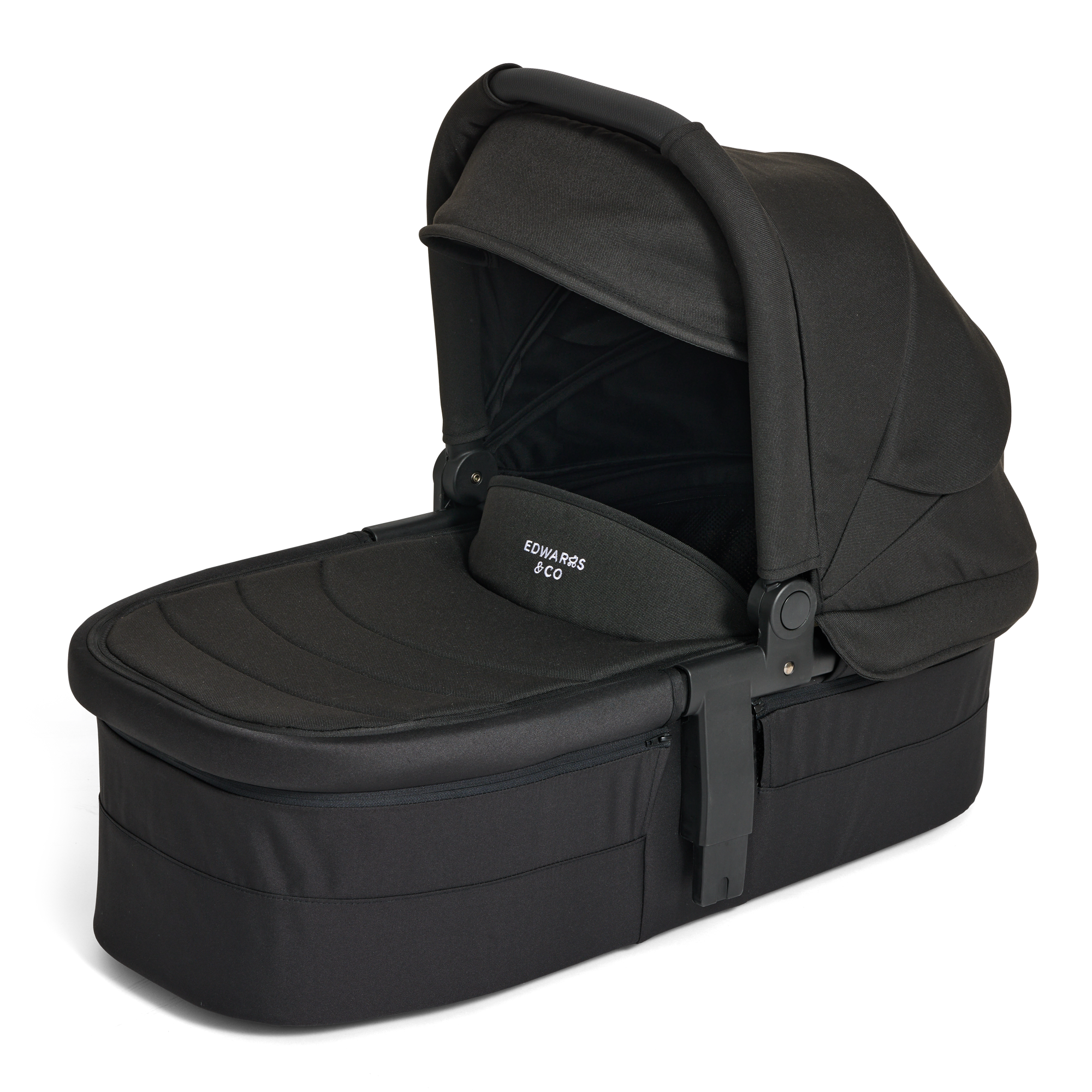 Black baby Carry Cot 3 with 'Edwards & Co' branding on a white background