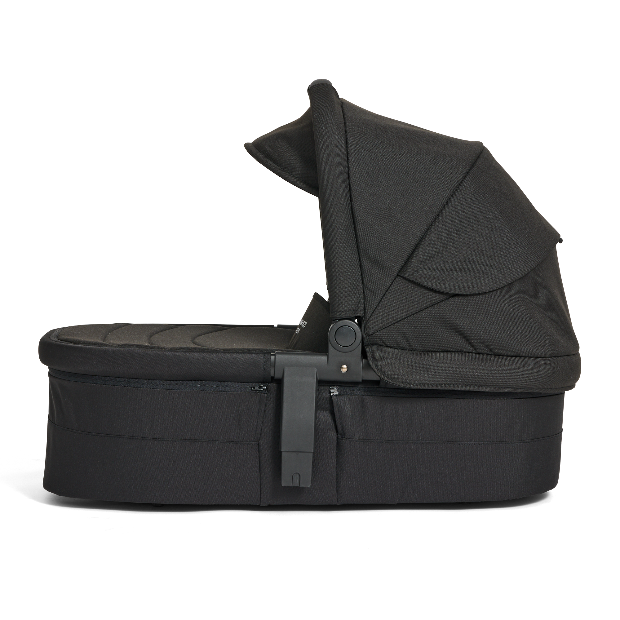 Black baby Carry Cot 3 with canopy on a white background on a side view