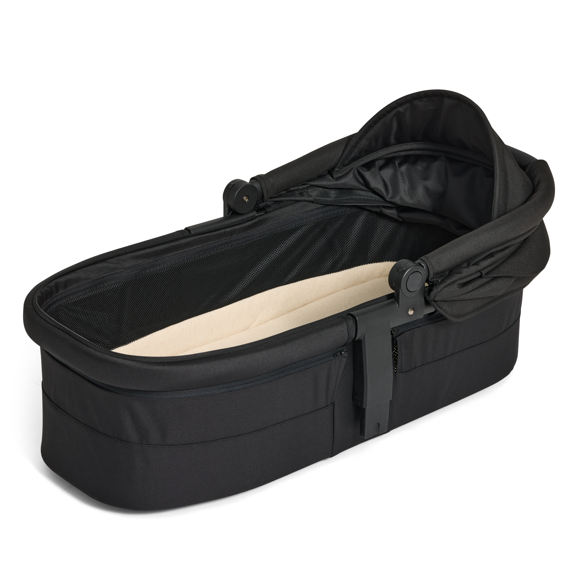 Open canopy black Carry Cot 3 with beige interior on a white background