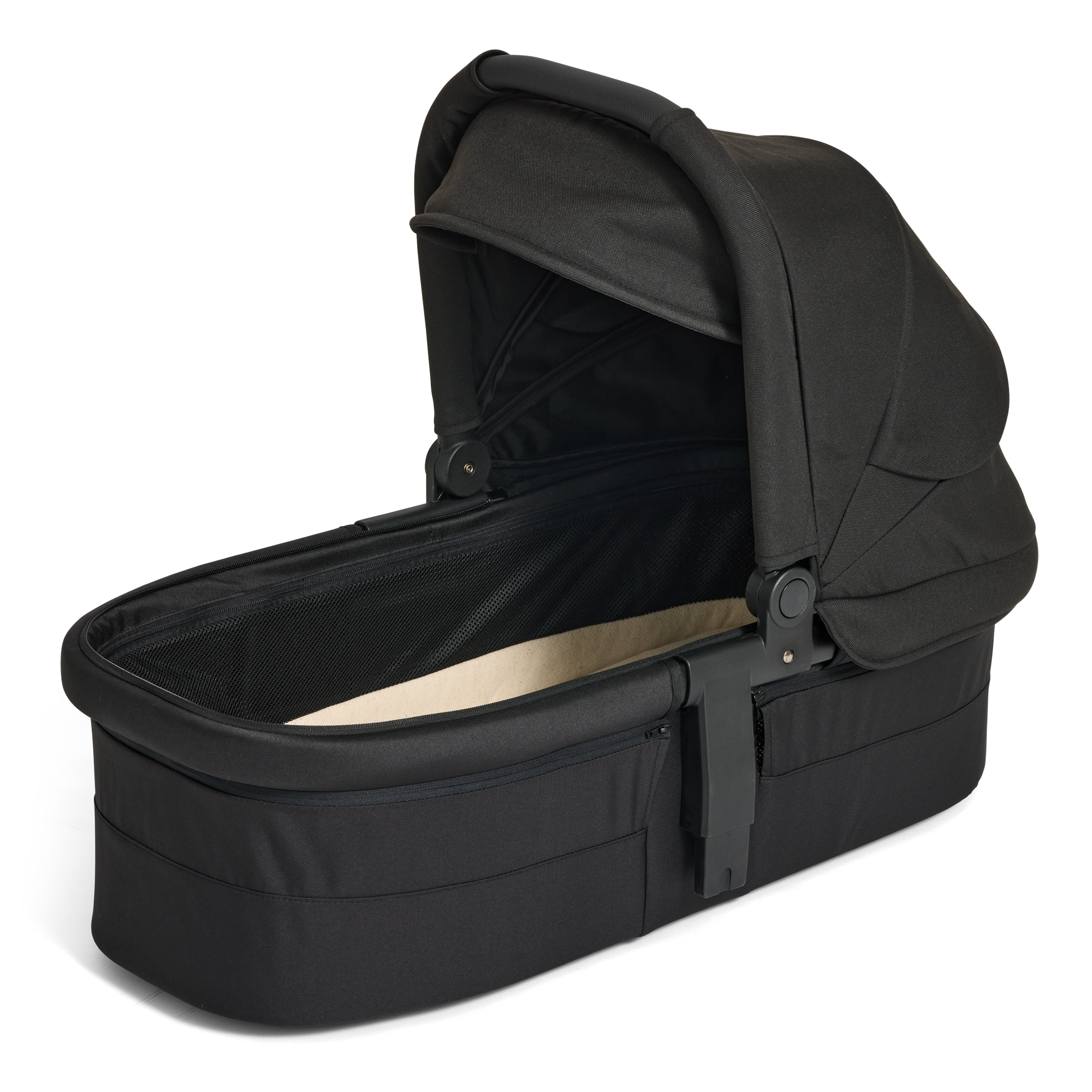 Black baby Carry Cot 3 on a white background with a beige cushion