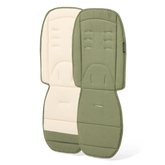 Two green and beige pram seat cover on a white background
