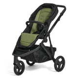 Black and green stroller on a white background