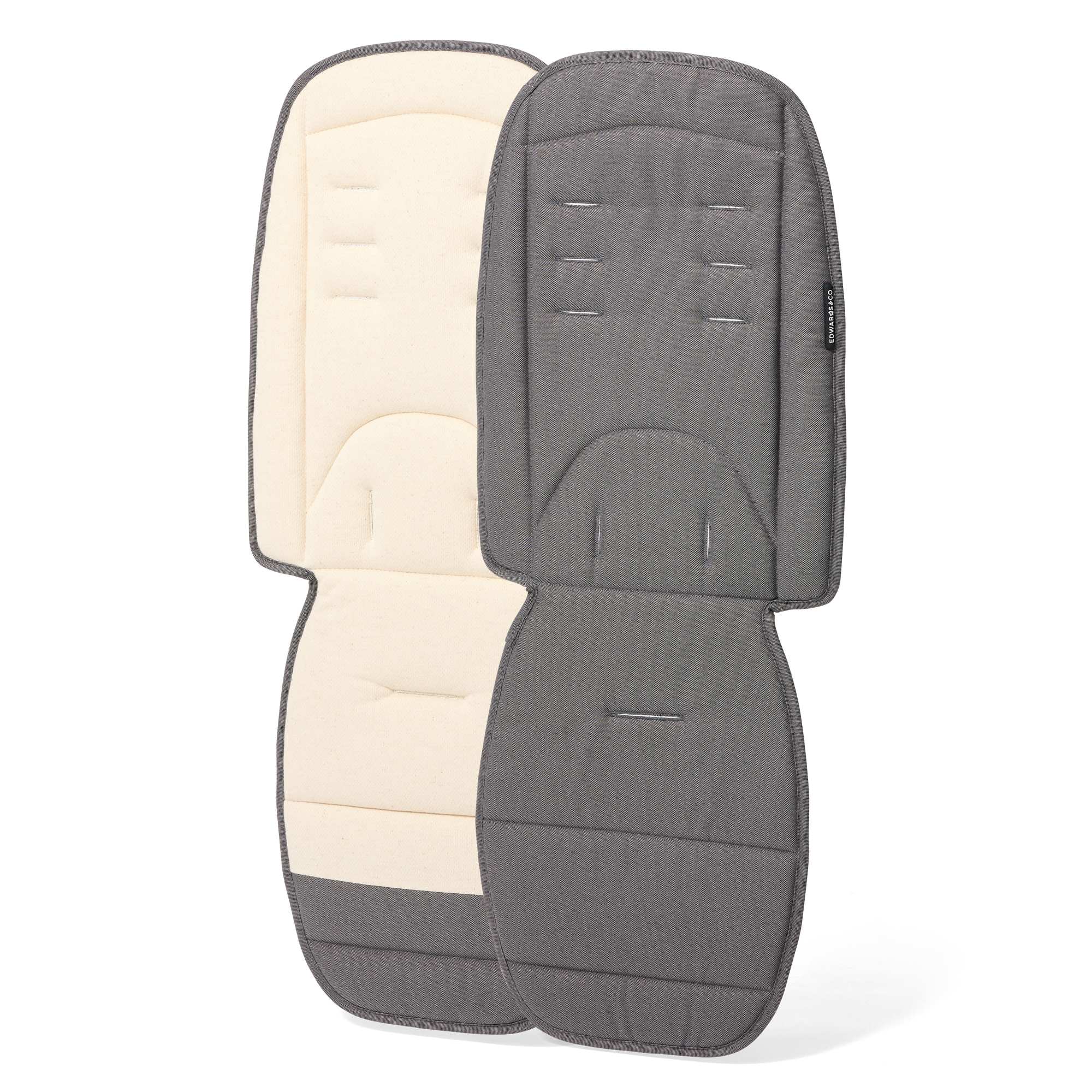 Grey and beige pram seat covers on a white background