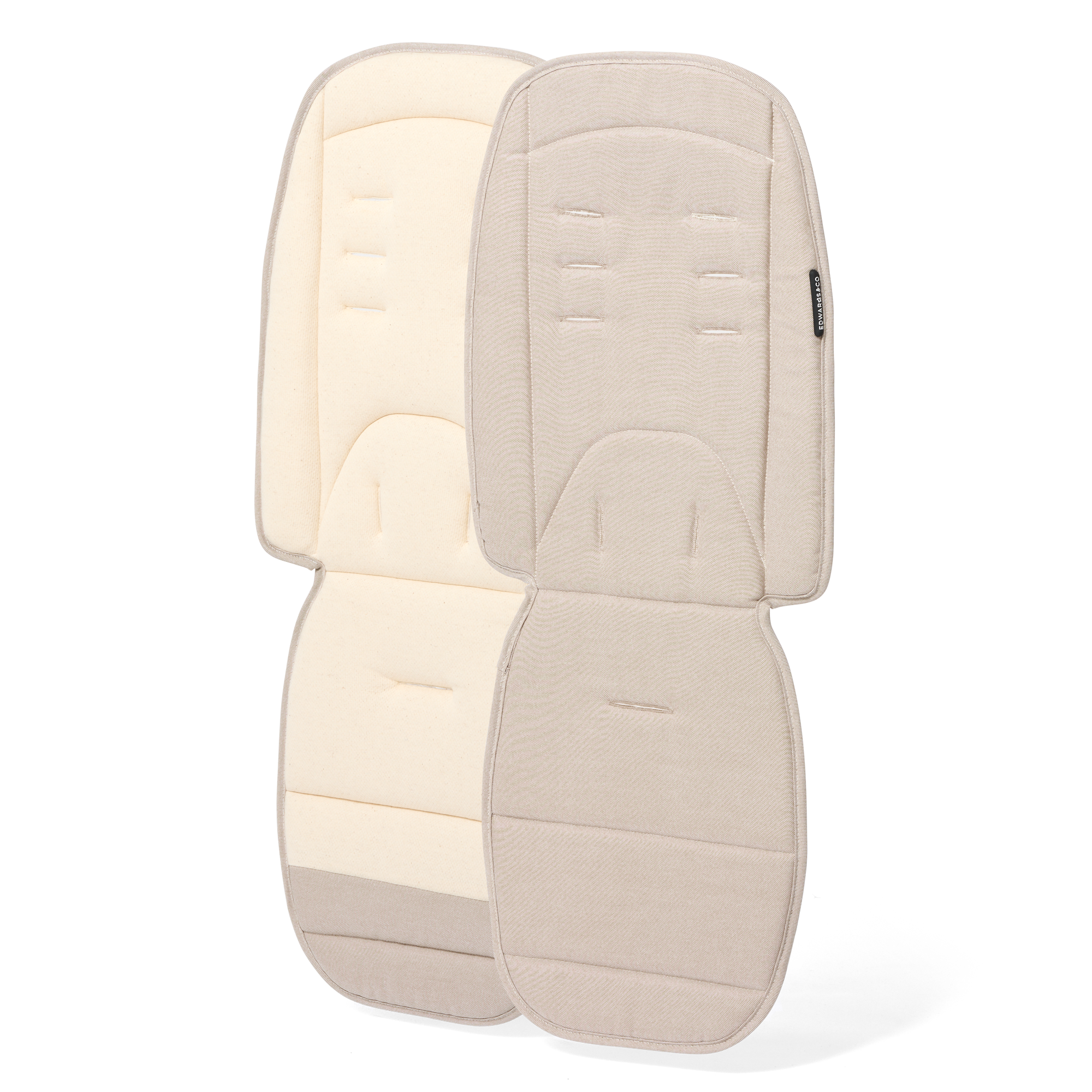 Two beige pram seat covers on a white background