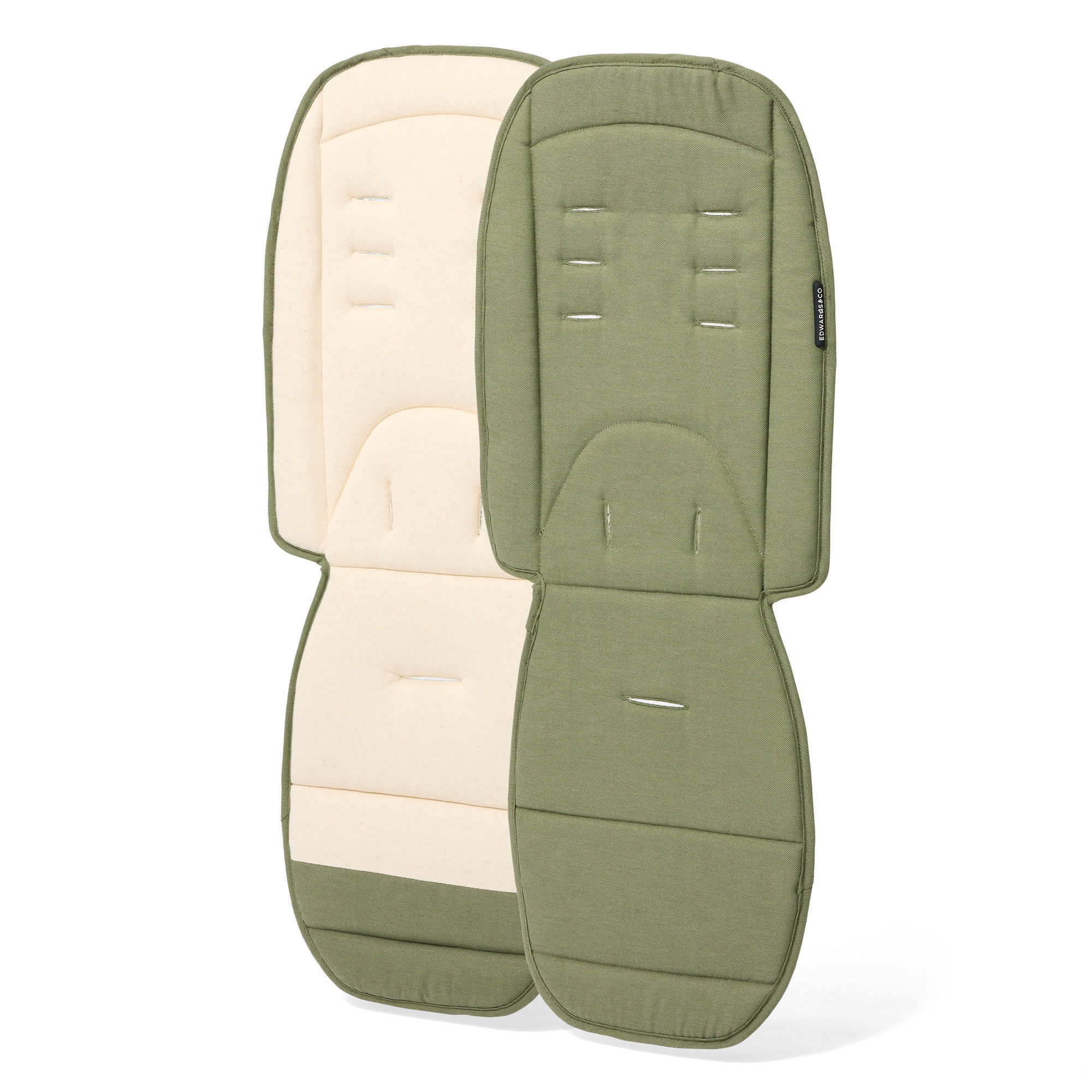 Two green and beige pram seat cover on a white background