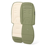 Two green and beige pram seat cover on a white background